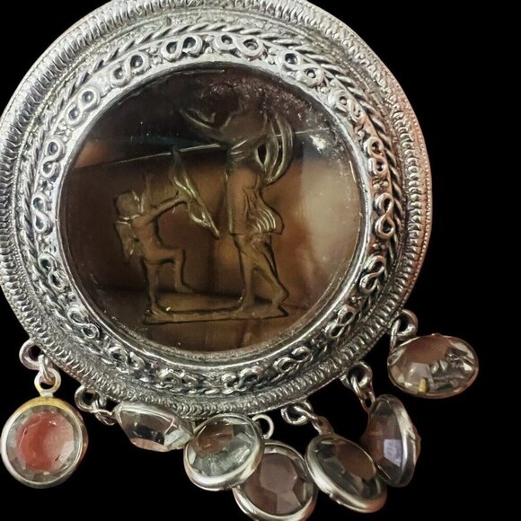 Goldette Intaglio Cameo Cupid & Venus Brooch Art Deco Silver Tone - Picture 4 of 6